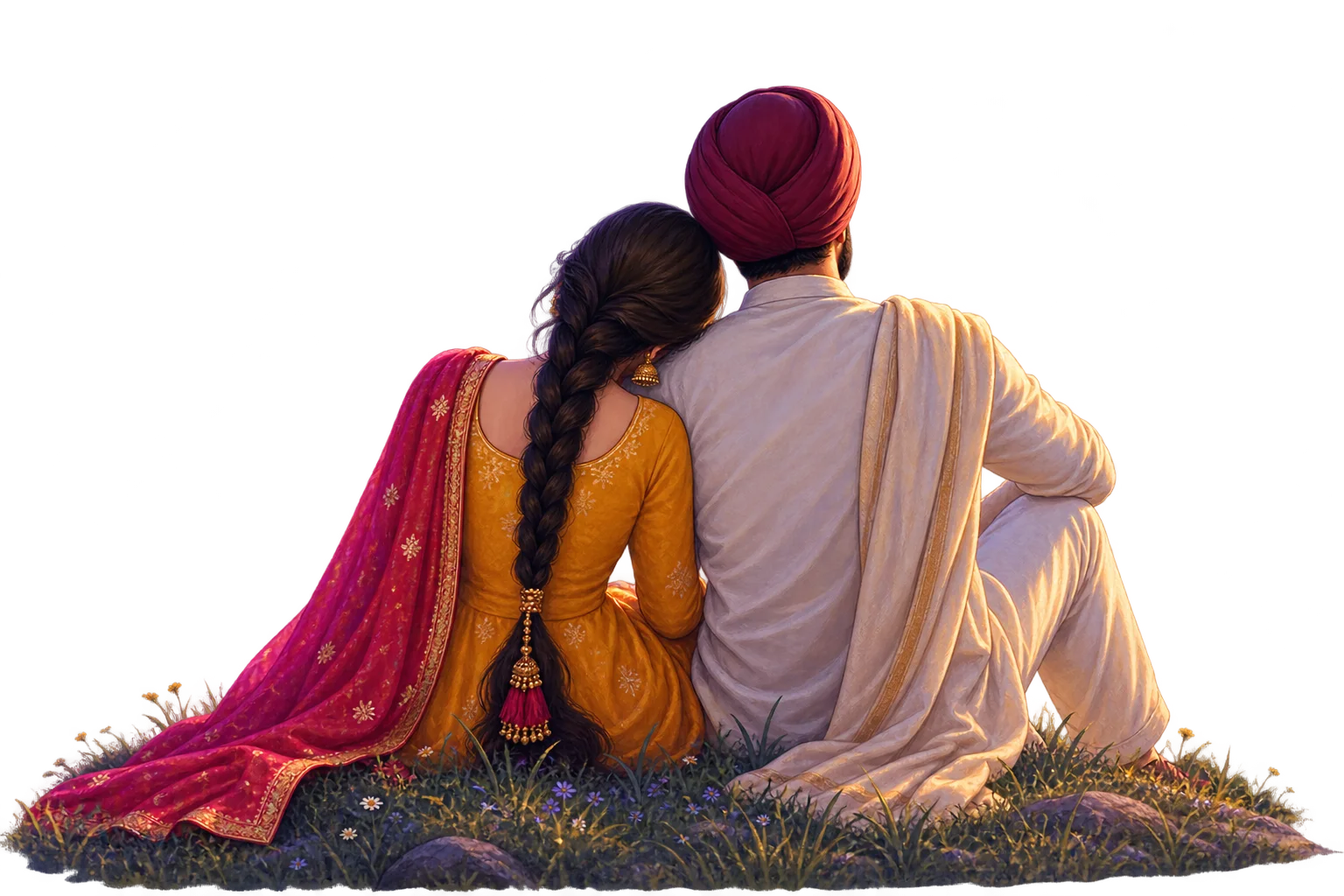 Bride and groom seated together under twilight sky