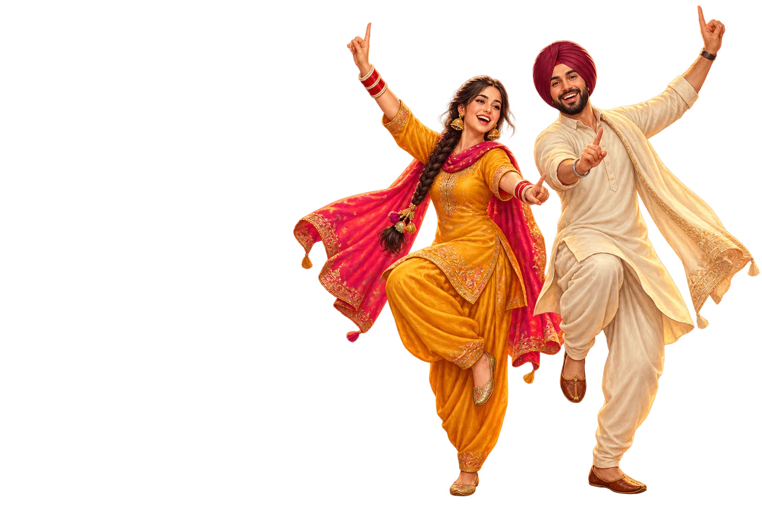Bride and groom dancing energetically in festive attire